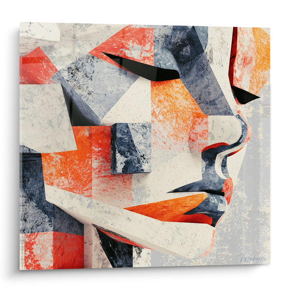 Tableau Visage anguleux orange et anthracite fragmenté - Profil aux facettes tranchantes - Edition Statue