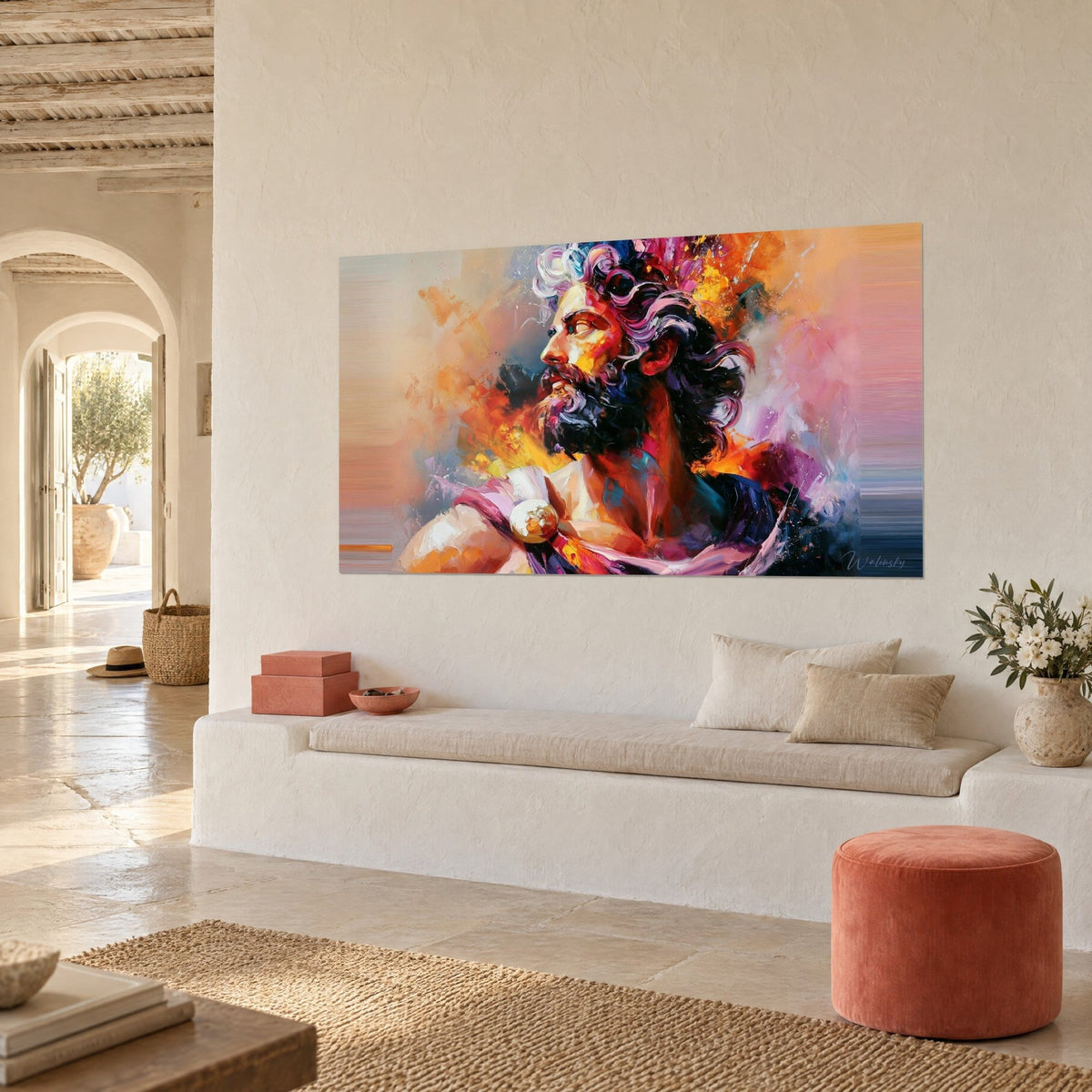 Schilderij portret van een man met zwarte baard, oranje en paarse vlammen, drie kwart aanzicht tegen een crèmekleurige muur van een Mediterraan huis