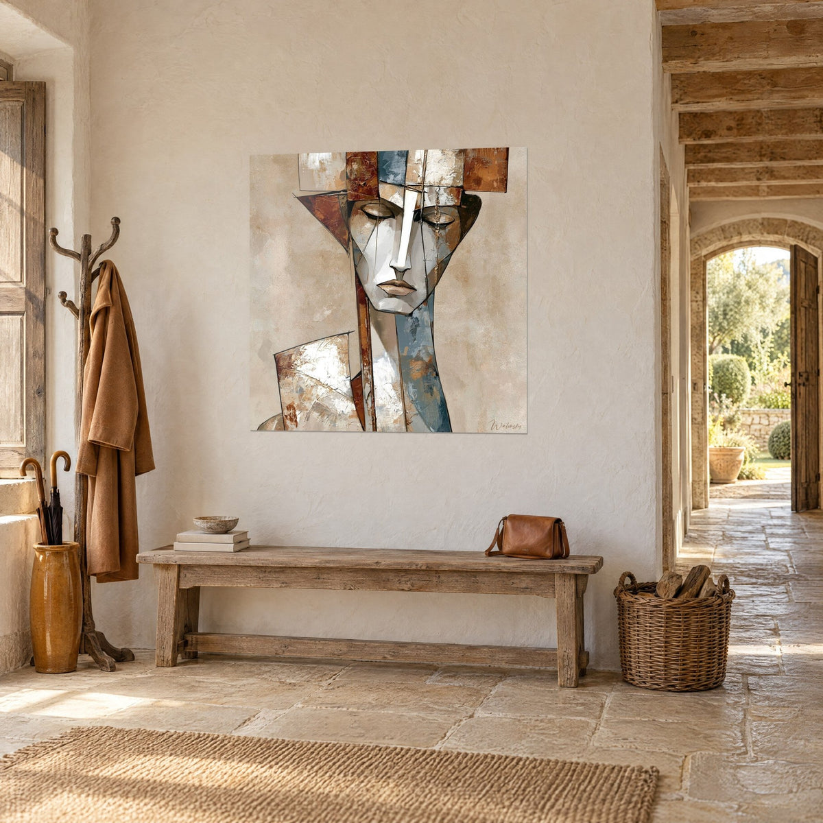 Quadro busto di pietra frammentato, naso d'avorio e cappello di blocchi ruggine, appeso in un ingresso di pietra dorata