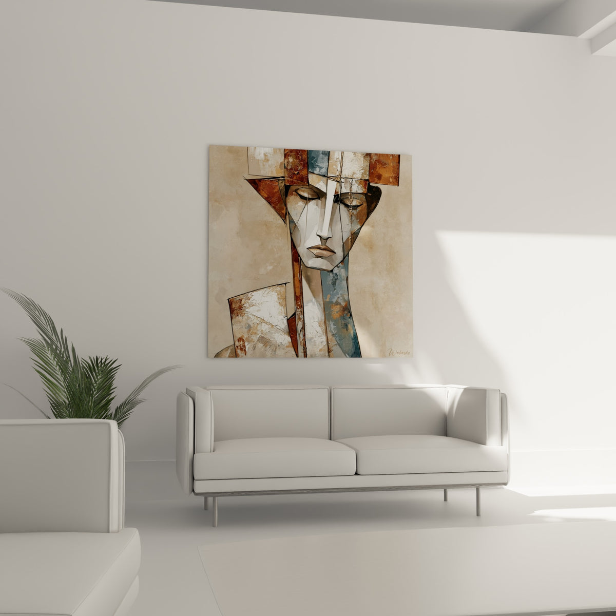 Visage Statue géométrique beige et terracotta, disposé au-dessus d'un canapé dans un salon lumineux