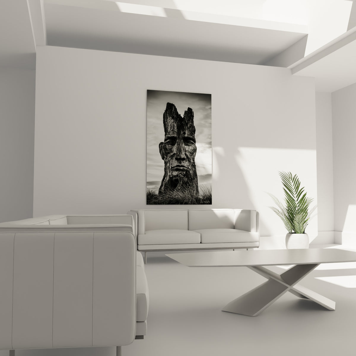 Visage gravé dans l'écorce sombre, ciel gris en fond, au-dessus d'un canapé dans un salon lumineux.