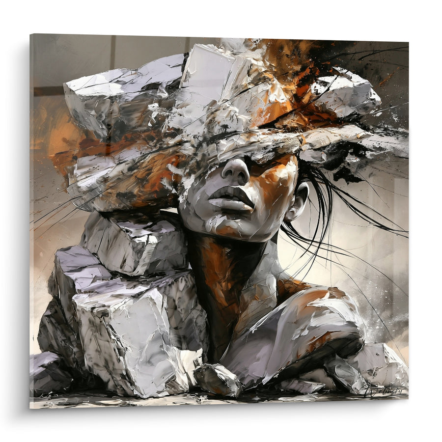 Tableau Buste de marbre blanc et ocre fissuré - Naissance de la pierre - Edition Statue