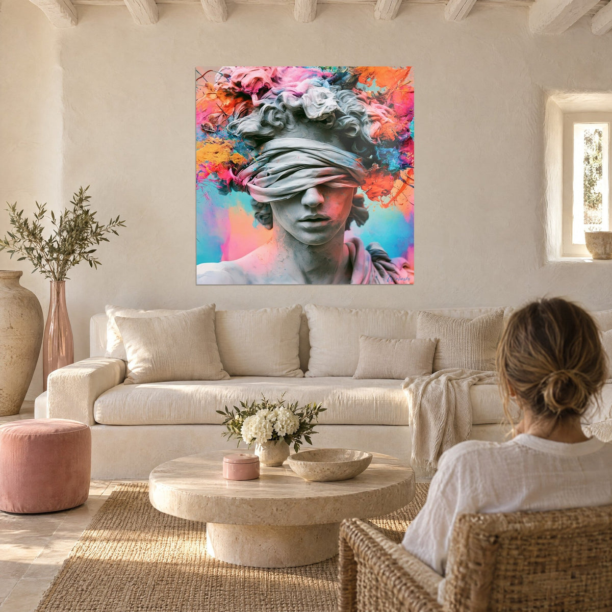 Tableau buste antique aux yeux bandés, éclats corail et turquoise, couple de dos, au-dessus d'un canapé dans un salon lumineux