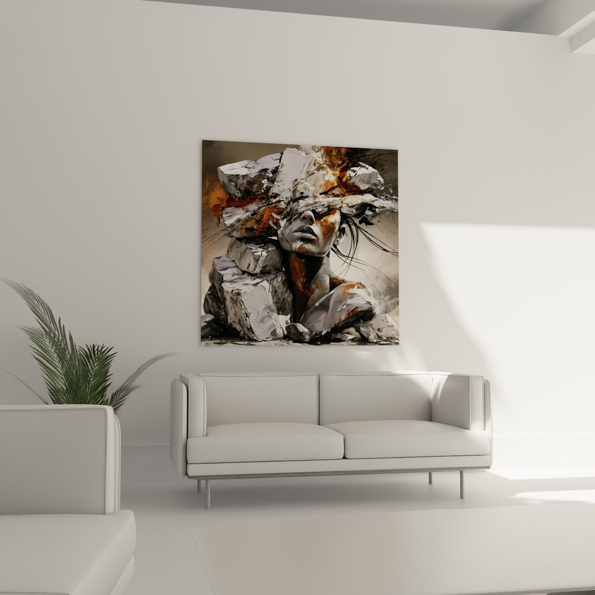 Buste minéral blanc et brun texturé, statue accrochée au-dessus d'un canapé dans un salon lumineux