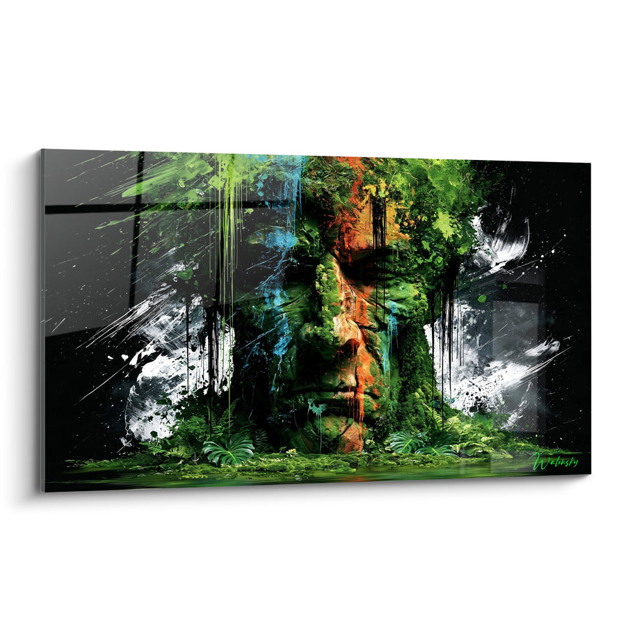 Tableau Statue antique envahie de mousse verte - Vestige englouti par la jungle - Edition Statue