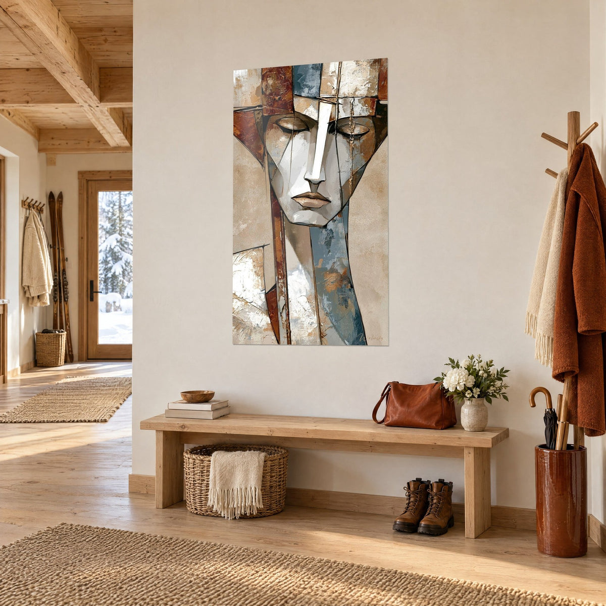 Quadro ritratto frammentato con naso bianco a lama, schegge ruggine e grigio-blu, visto di tre quarti nell'ingresso di uno chalet