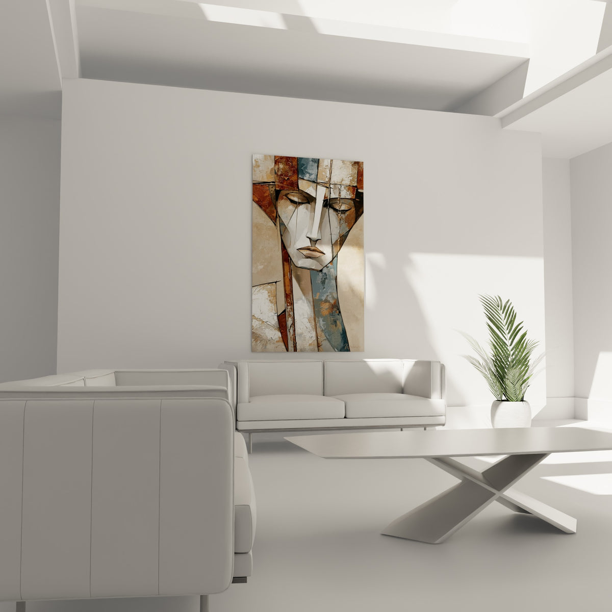 Visage fragmenté bleu ardoise et ocre de Statue, au-dessus d'un canapé dans un salon lumineux