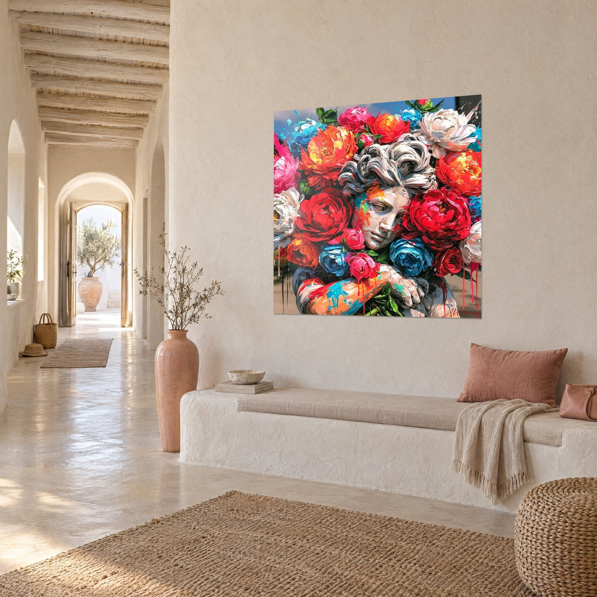 Schilderij gezicht van een beeld met dikke grijze krullen, omringd door scharlakenrode en turquoise rozen, driekwart zicht in een gewelfde gang