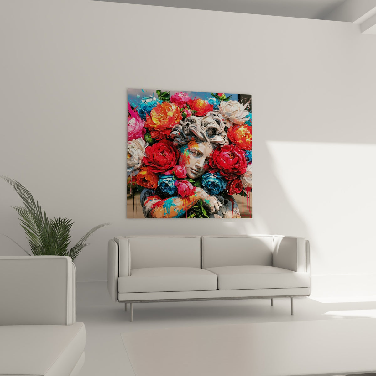 Visage sculpté couvert de peinture orange et turquoise, au-dessus d'un canapé dans un salon lumineux