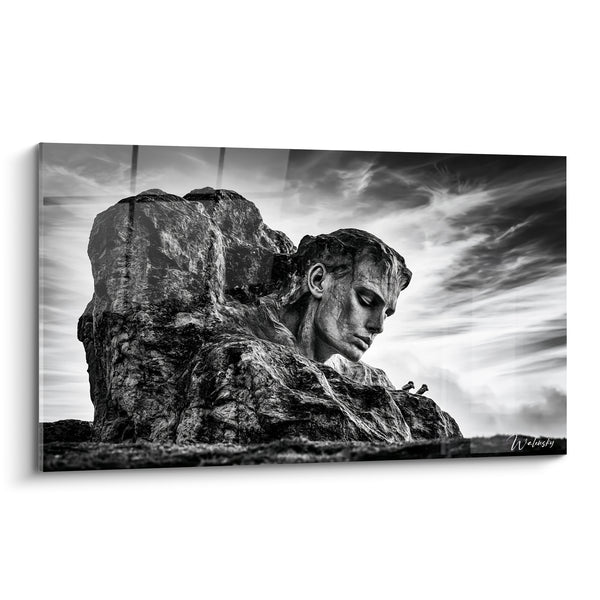 Tableau Statue visage émergeant du rocher noir et blanc - Sommeil de pierre - Edition Statue