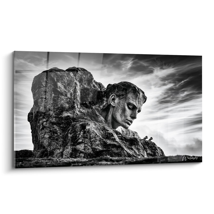 Tableau Statue visage émergeant du rocher noir et blanc - Sommeil de pierre - Edition Statue
