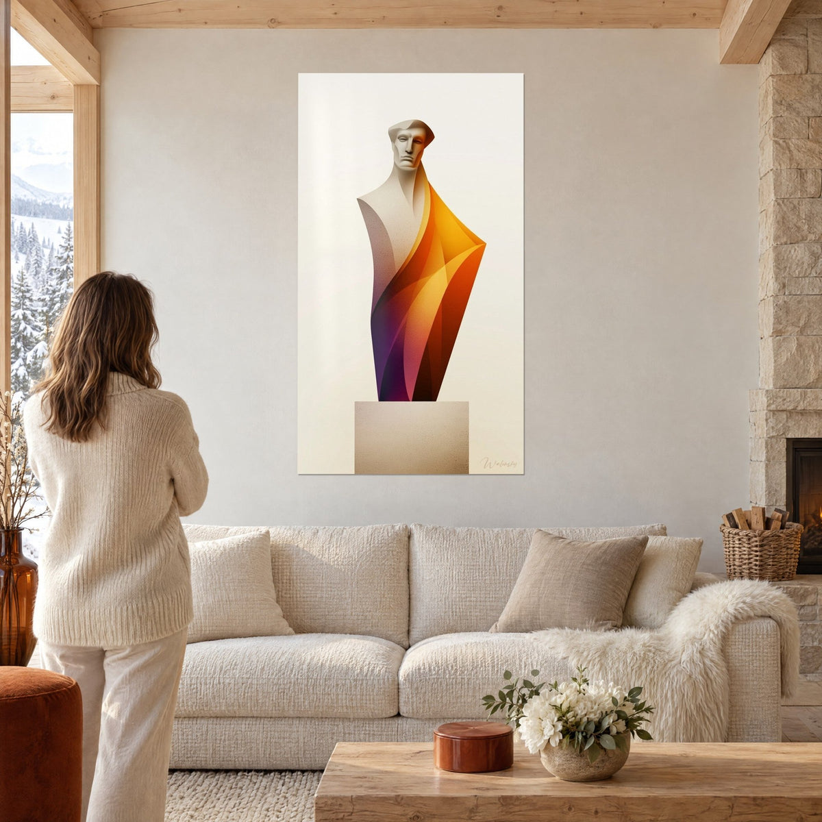 Gemälde Büste aus Stein mit einem orangefarbenen und violetten Schleier, eine Frau von hinten, über einem Sofa in einem hellen Wohnzimmer
