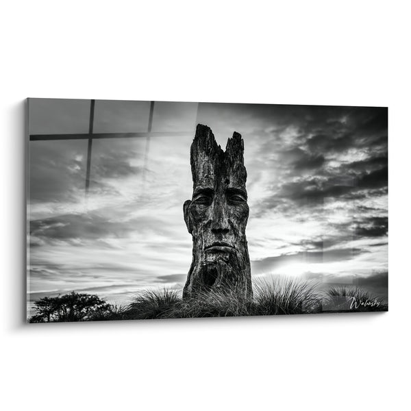 Tableau Visage sculpté noir et blanc dans un tronc - Sentinelle de bois - Edition Statue