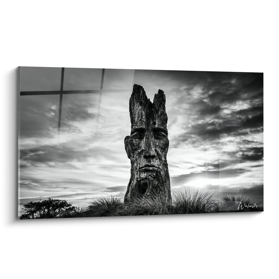Tableau Visage sculpté noir et blanc dans un tronc - Sentinelle de bois - Edition Statue