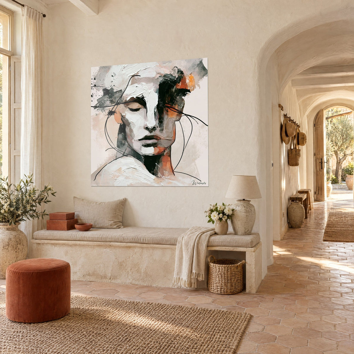 Tableau portrait aux yeux clos, aplats ivoire et orange brûlé, lignes d'encre fines, vu de trois-quarts dans un couloir voûté en pierre