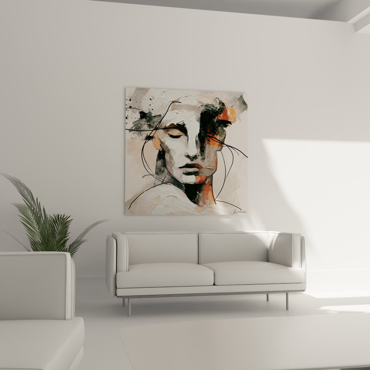 Lignes noires filiformes traversant un visage blanc et orangé, placé au-dessus d'un canapé dans un salon lumineux