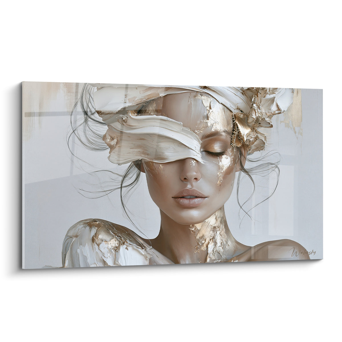 Visage voilé de blanc et d'or, empâtements épais et mèches sombres flottantes
