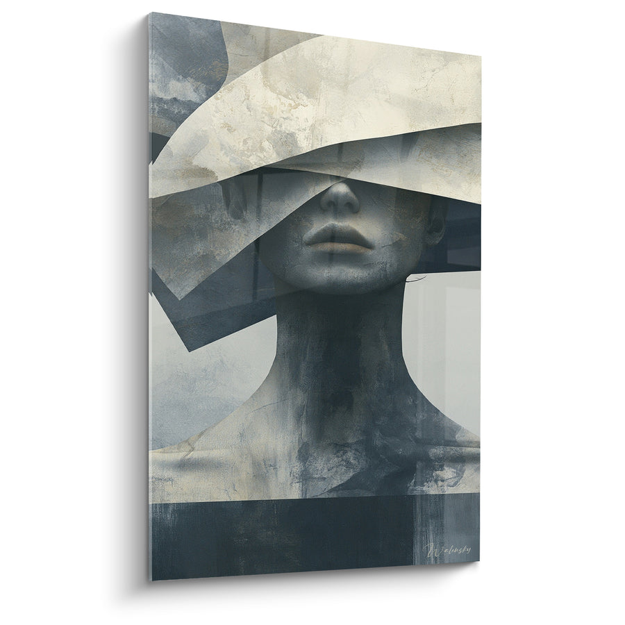Tableau Visage voilé beige et bleu ardoise géométrique - Regard masqué - Edition Statue