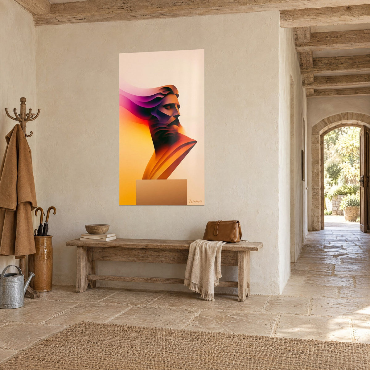 Quadro profilo stilizzato di un dio greco, sfumatura giallo zafferano e magenta, appeso accanto a una panca di legno in un corridoio di pietra
