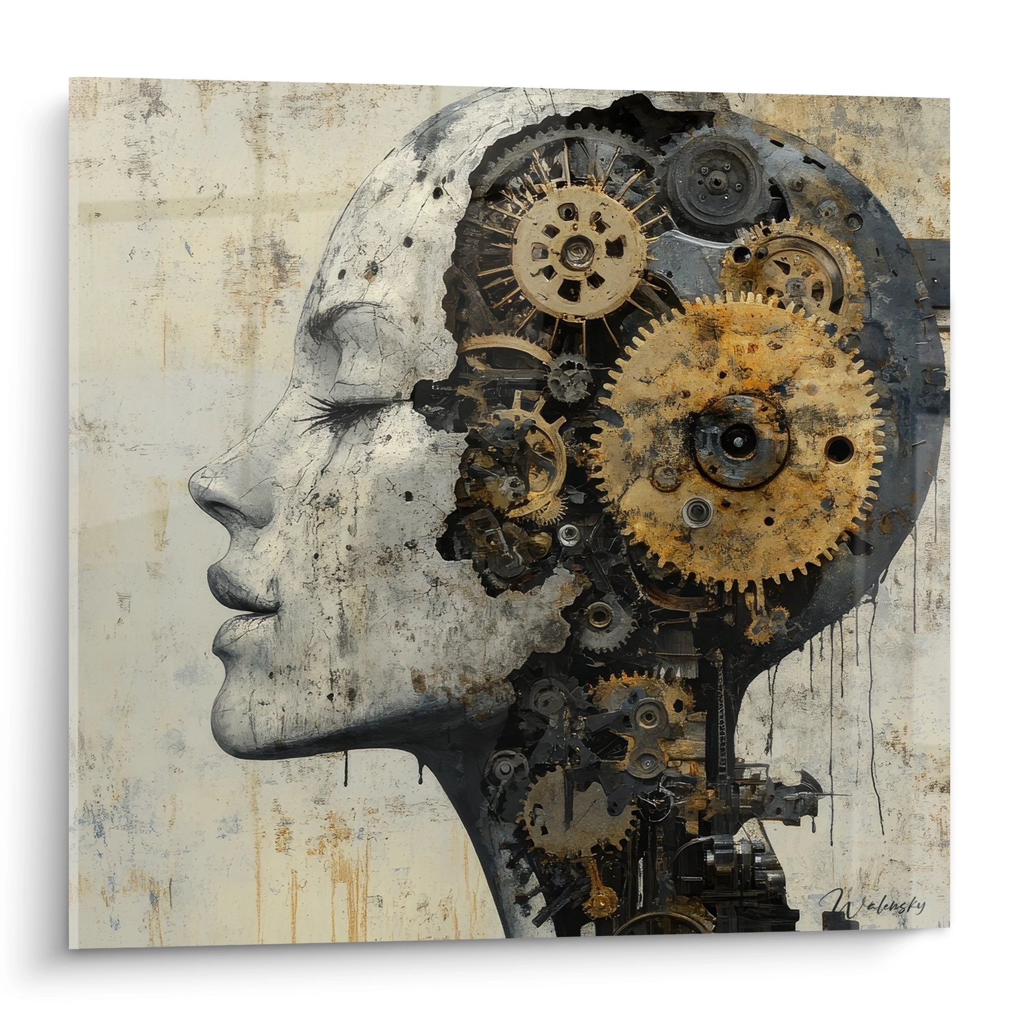 Tableau steampunk profil femme engrenages dorés cerveau mécanique art industriel moderne