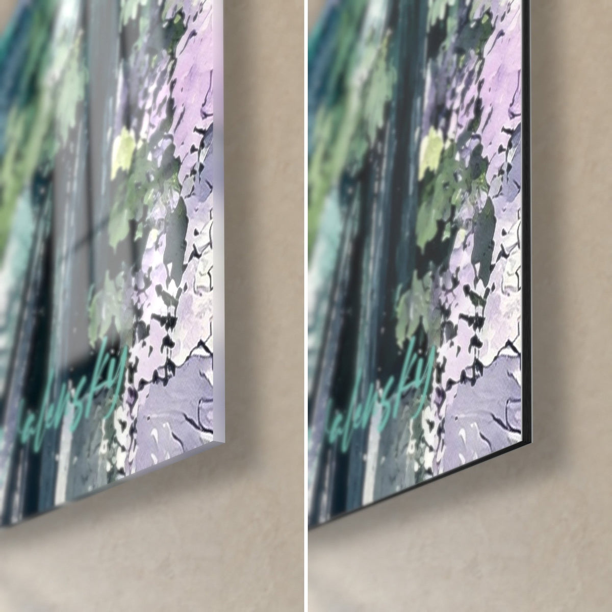 Wall art of a flowering bridge and mauve wisteria, lower right corner in glossy acrylic glass and matte Dibond aluminium, 3 mm edge visible