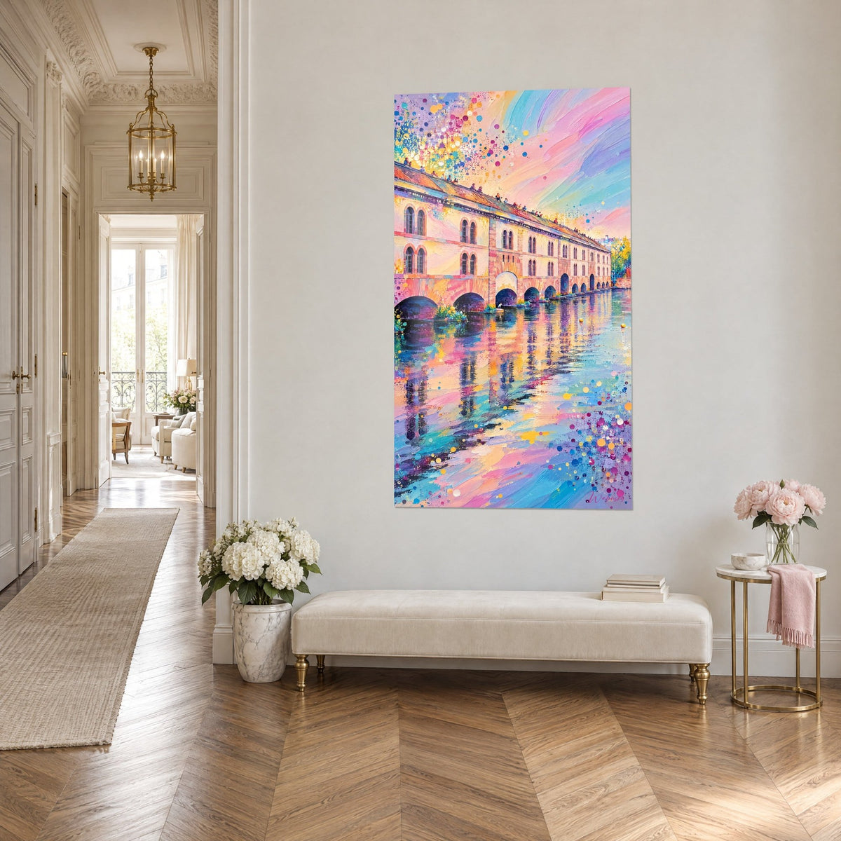Wall art arched weir with yellow and magenta confetti splashes, reflections on the water, three-quarter view, Haussmann-style wall