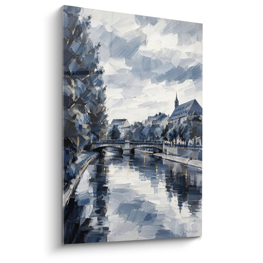 Tableau Canal gris et bleu sous ciel nuageux - Église au clocher pointu - Edition Strasbourg  Grand Est  France
