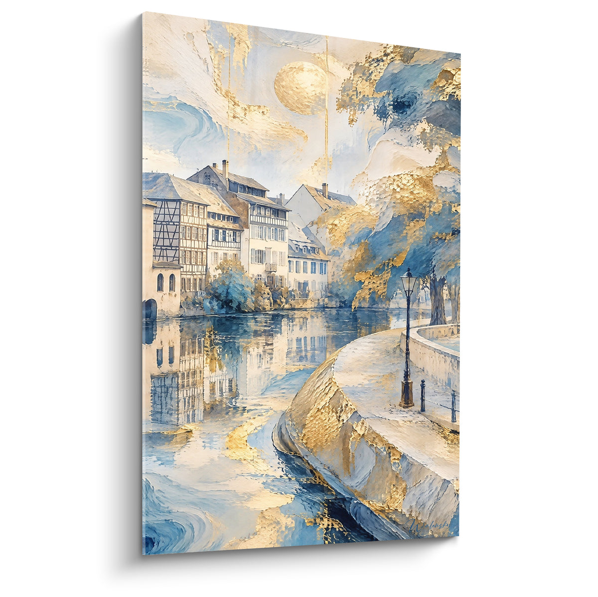 Wall art Strasbourg canal painted in pastel blue and gold, half-timbered houses mirrored in the calm water