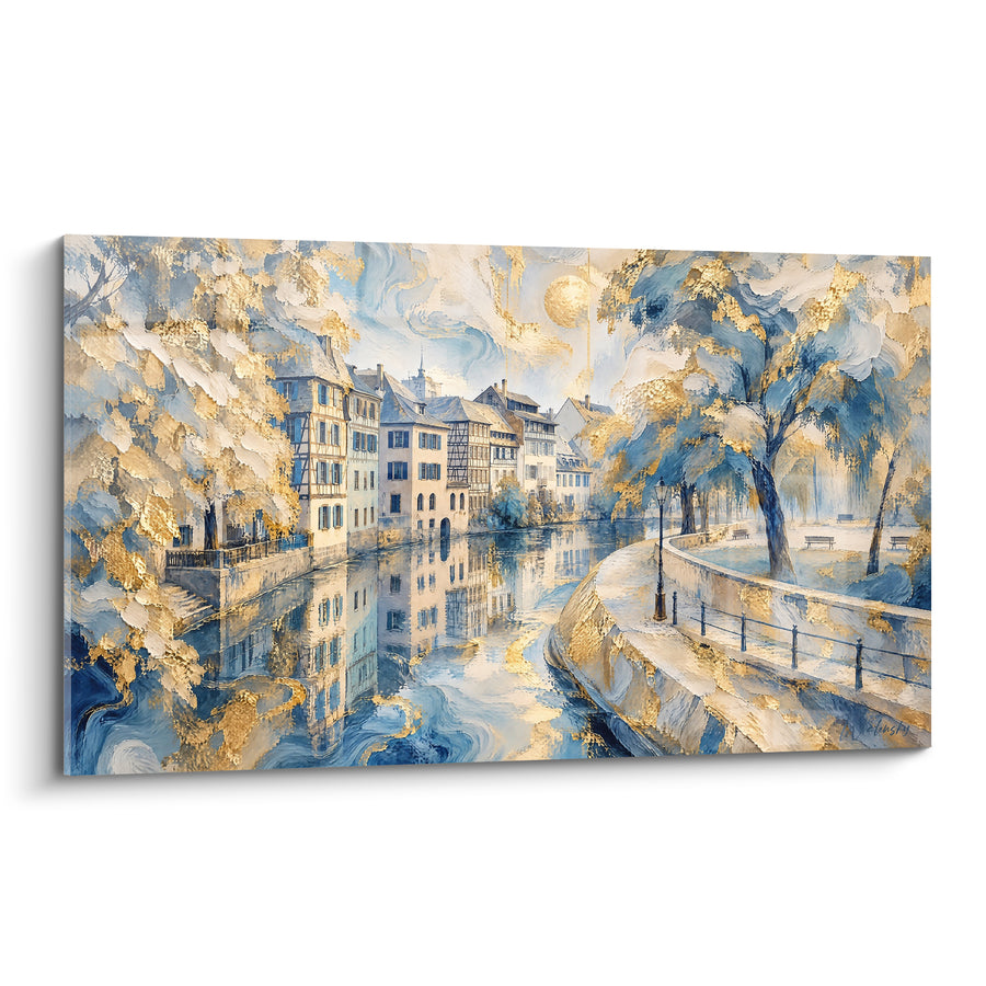 Tableau Saule doré et bleu glacé courbant sur la berge - Bancs publics isolés - Edition Strasbourg  Grand Est  France