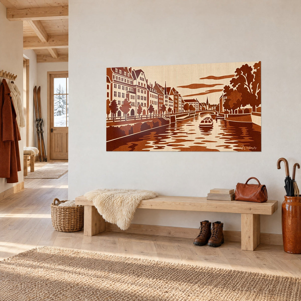Cuadro muelles de Estrasburgo en ocre y sepia, casas con entramado de madera y campanario, colgado en una pared blanca de entrada de un chalet
