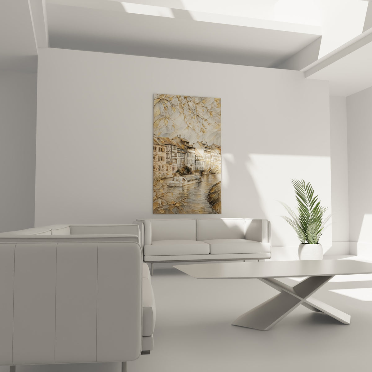 Petite France dorée et beige, canal paisible traversé d'une embarcation, au-dessus d'un canapé dans un salon lumineux