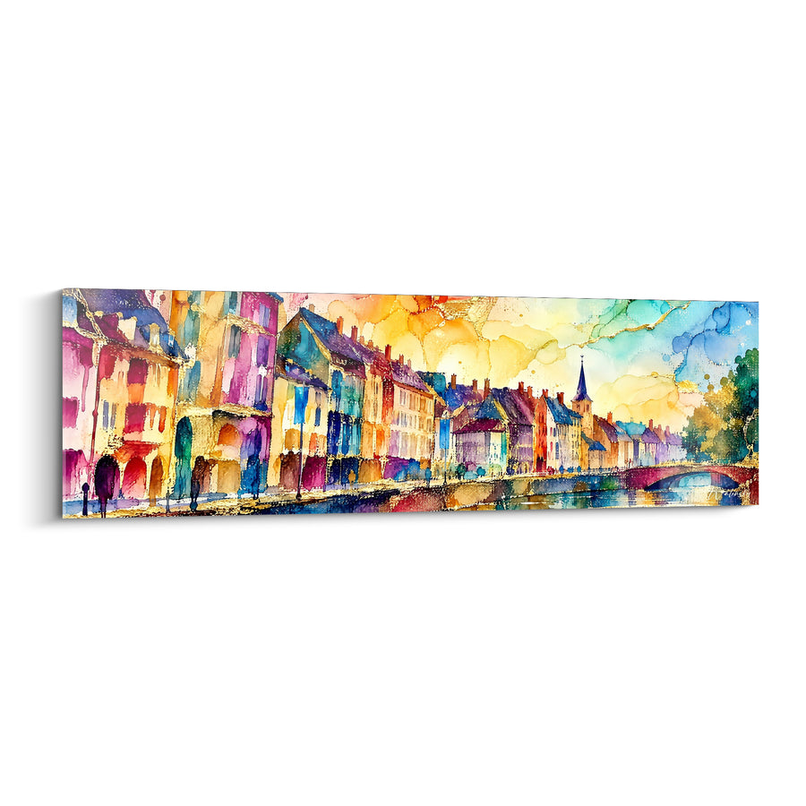 Schilderij van een Kade met Fuchsia en Paarse Huizen onder Gouden Hemel - Silhouetten aan de rand van de Kade - Editie Straatsburg Elzas Frankrijk