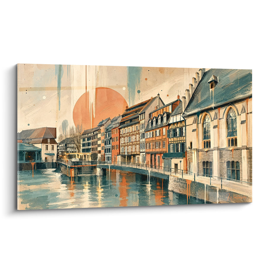 Tableau Canal strasbourgeois aux maisons ocre et bleu - Éveil sur le canal - Edition Strasbourg  Grand Est  France