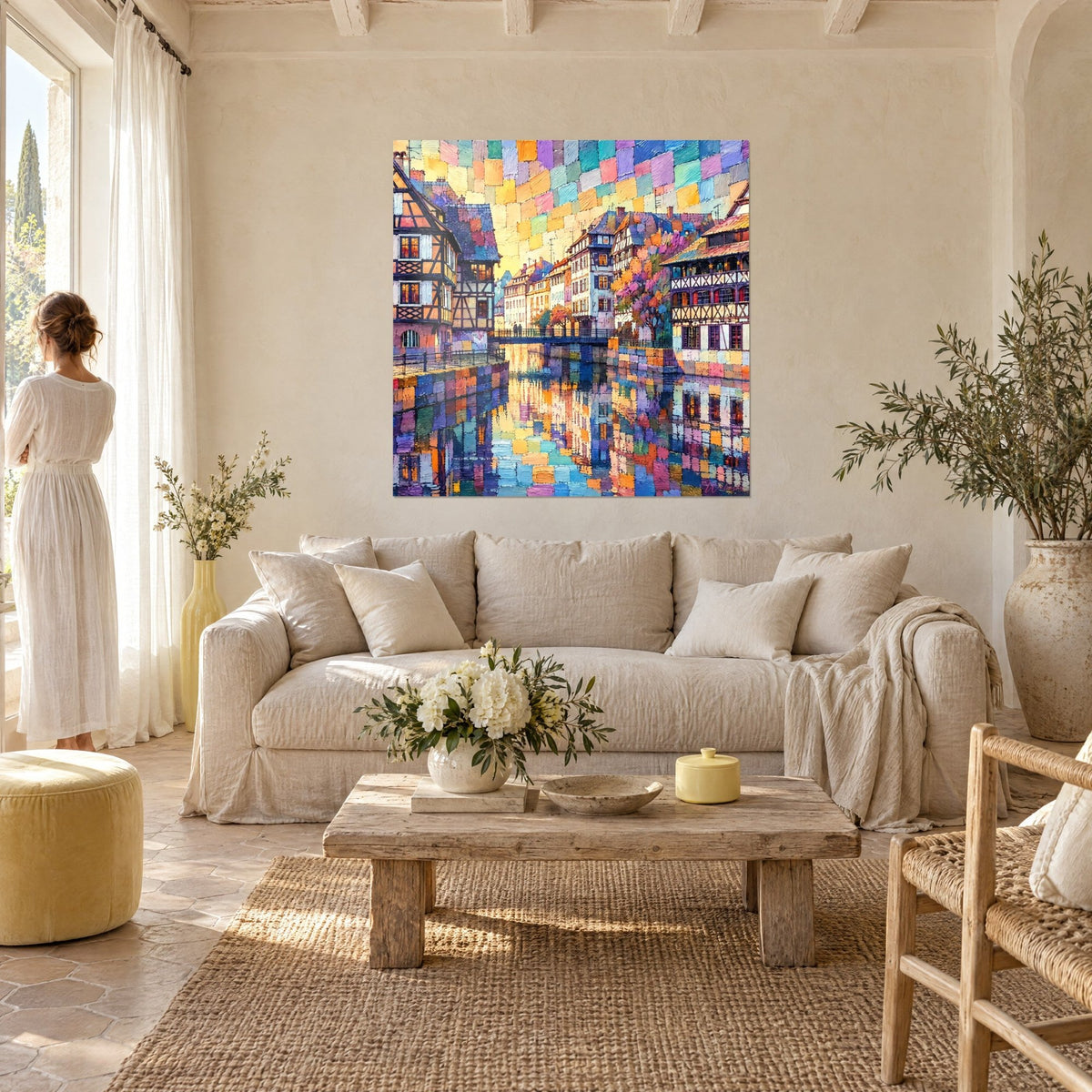 Schilderij van vakwerkhuizen met paarse weerspiegelingen op het kanaal, honinggele lucht, vrouw in witte jurk van achteren, boven een bank in een lichte woonkamer