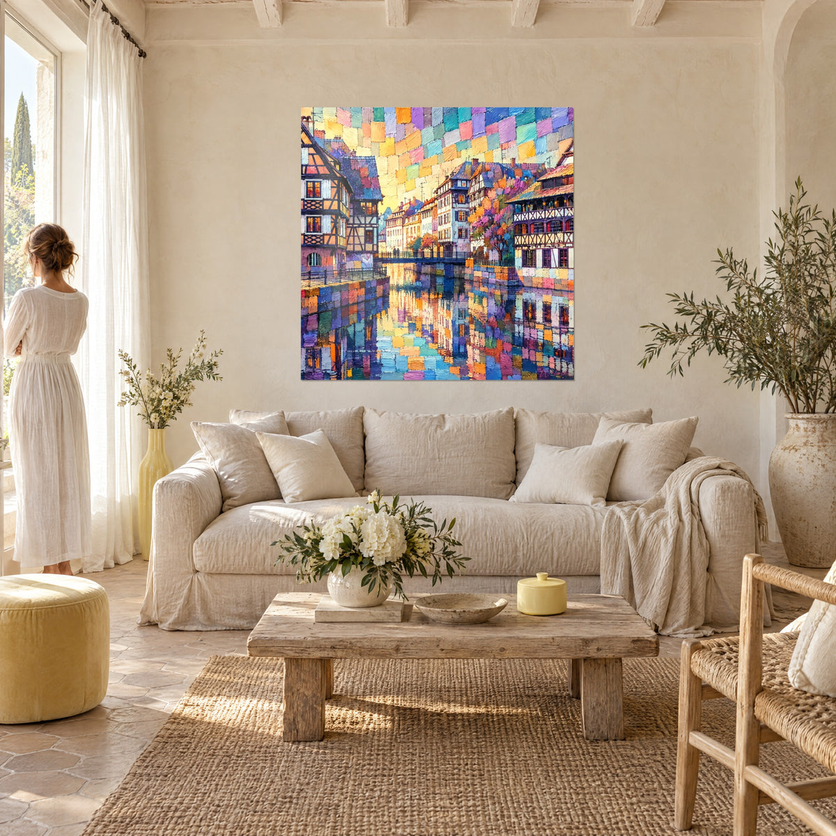 Façades colorées de Strasbourg en bleu marine et doré, au-dessus d'un lit dans une chambre claire
