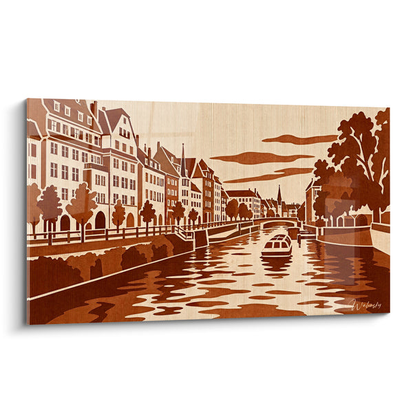 Cuadro Barco mosca marrón y sepia sobre el Ill - Textura cartón ondulado - Edición Estrasburgo Grand Est Francia