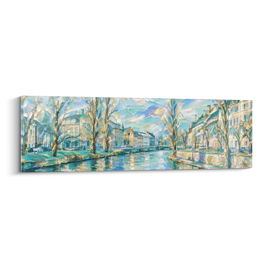 Tableau Canal alsacien turquoise et doré - Promenade hivernale - Edition Strasbourg  Grand Est  France