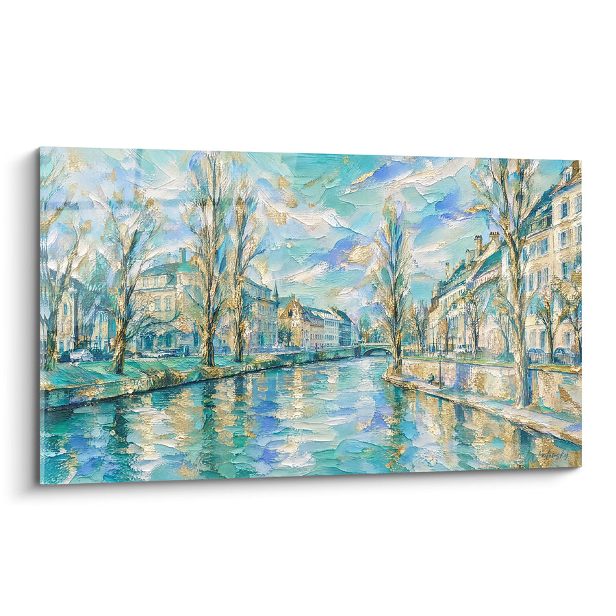 Schilderij van populieren in turquoise en goud langs de rivier - Winterse platanenlaan - Editie Straatsburg Elzas Frankrijk