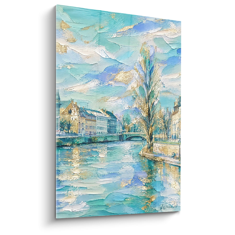 Tableau Peuplier turquoise et doré en pointe d'île - Couple assis au banc - Edition Strasbourg  Grand Est  France