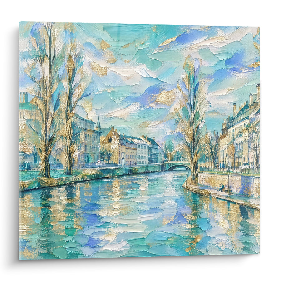 Tableau Canal turquoise et dorée aux arbres reflétés - Rêverie fluviale - Edition Strasbourg  Grand Est  France