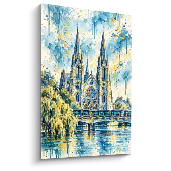 Tableau Cathédrale à flèches jumelles bleues et dorées au tramway sur pont - Saule pleureur doré - Edition Strasbourg  Grand Est  France