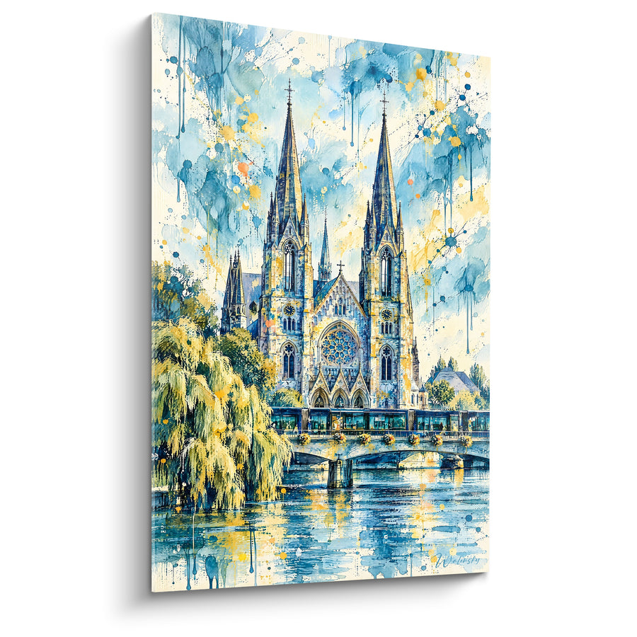 Tableau Cathédrale à flèches jumelles bleues et dorées au tramway sur pont - Saule pleureur doré - Edition Strasbourg  Grand Est  France