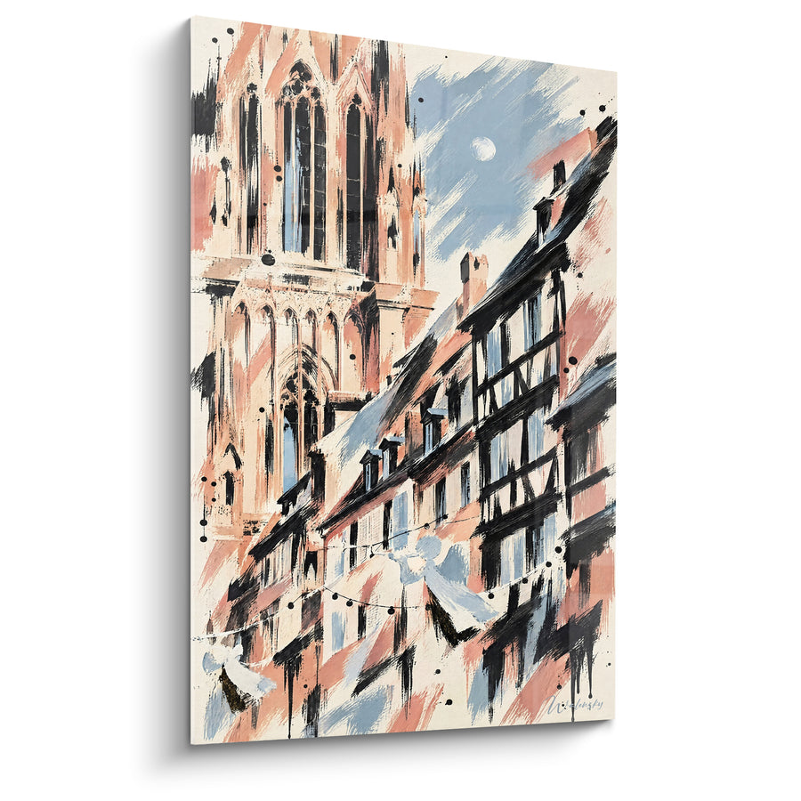 Schilderij Kathedraal en vakwerkhuis - Gloed op de oude stad - Editie Straatsburg Elzas Frankrijk