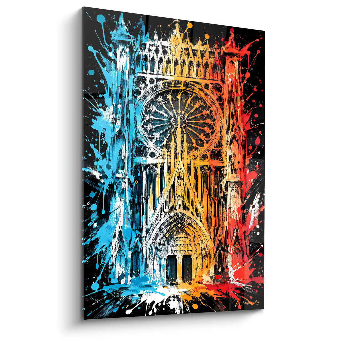 Cathédrale gothique aux teintes bleu électrique, orange et rouge éclaboussées sur fond noir profond