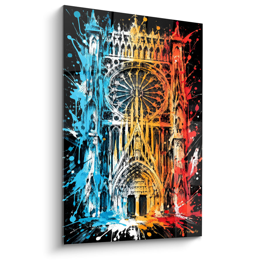 Tableau Cathédrale gothique bleue et orange éclaboussée - Éclat gothique nocturne - Edition Strasbourg  Grand Est  France