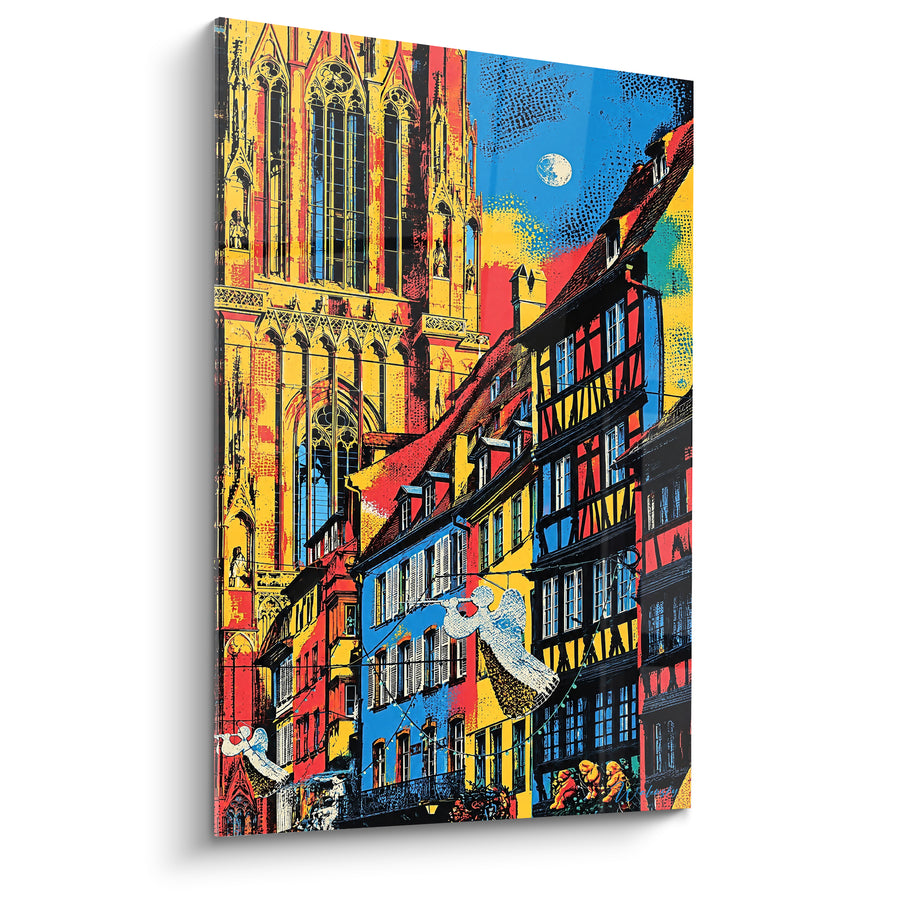 Tableau Cathédrale gothique et maisons à colombages colorées - Nuit féerique alsacienne - Edition Strasbourg  Grand Est  France