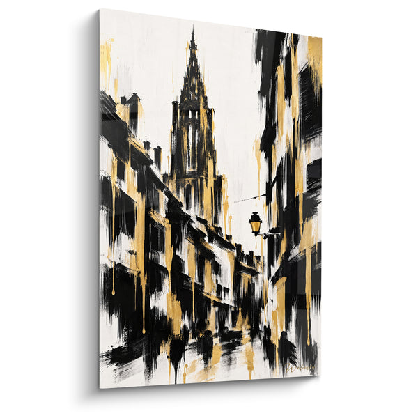 Tableau Cathédrale noire et dorée ruelle pavée - Lueur du soir - Edition Strasbourg  Grand Est  France