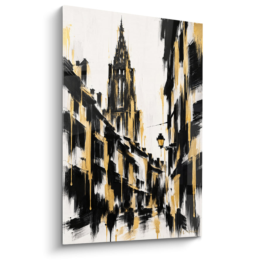 Tableau Cathédrale noire et dorée ruelle pavée - Lueur du soir - Edition Strasbourg  Grand Est  France