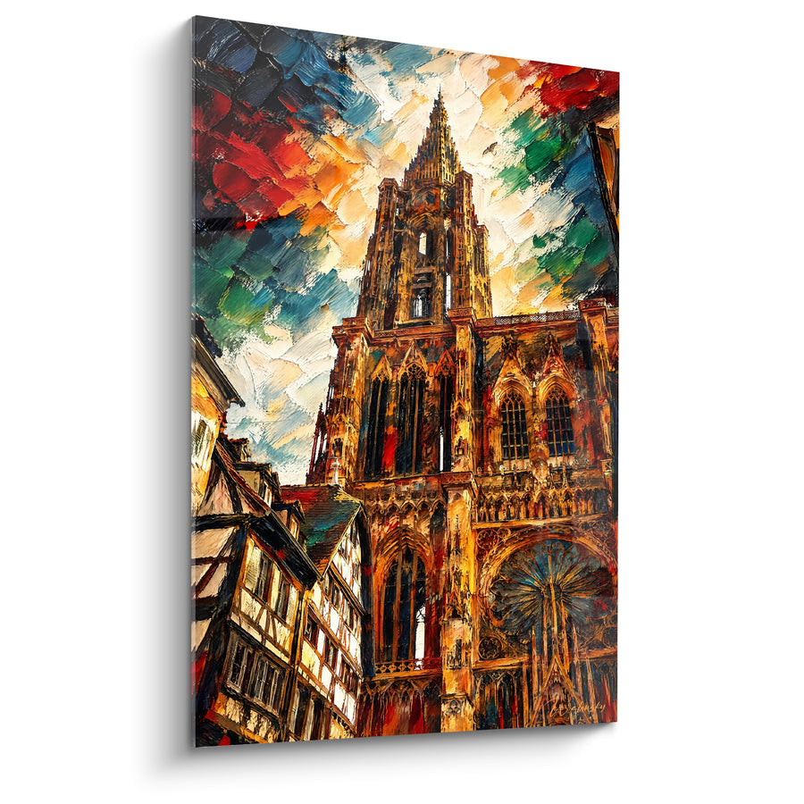 Tableau Cathédrale dorée et rouge au ciel éclaté - Rosace gothique illuminée - Edition Strasbourg  Grand Est  France