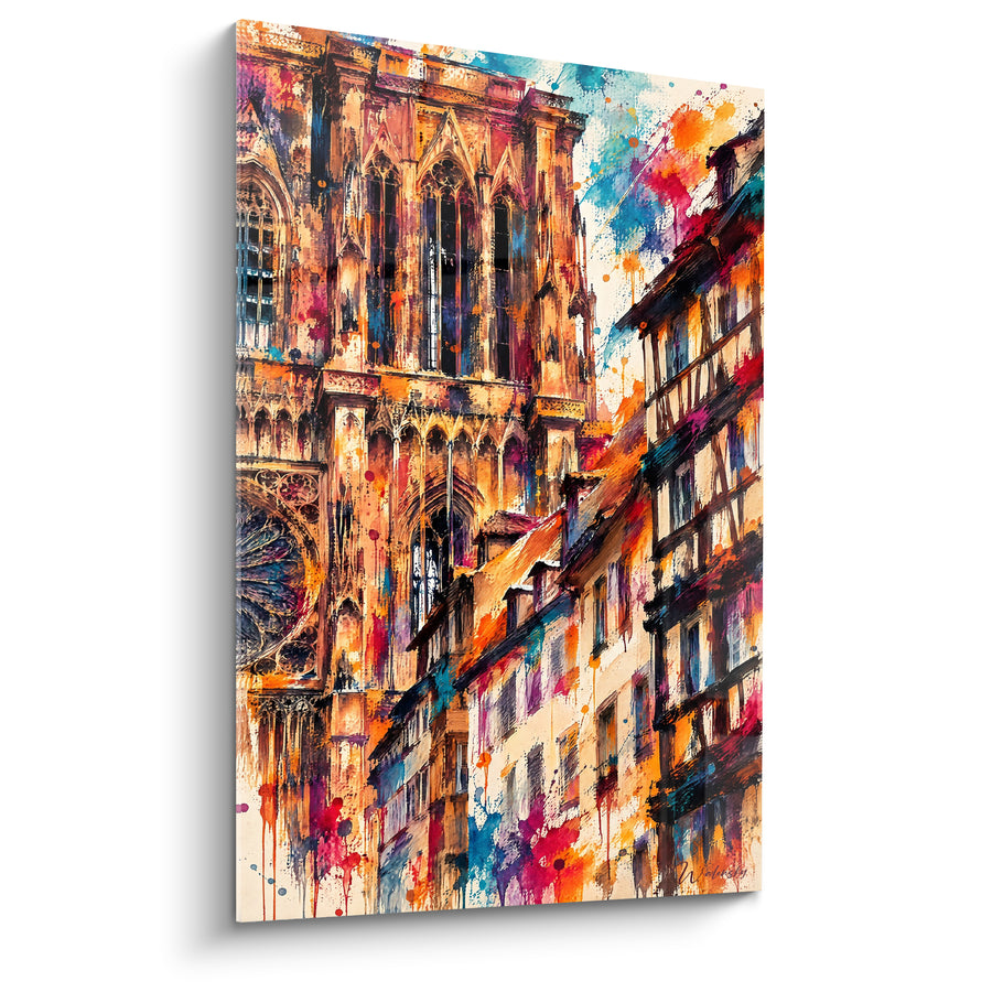 Tableau Cathédrale gothique ocre et bleu éclaboussée - Éclat urbain alsacien - Edition Strasbourg  Grand Est  France